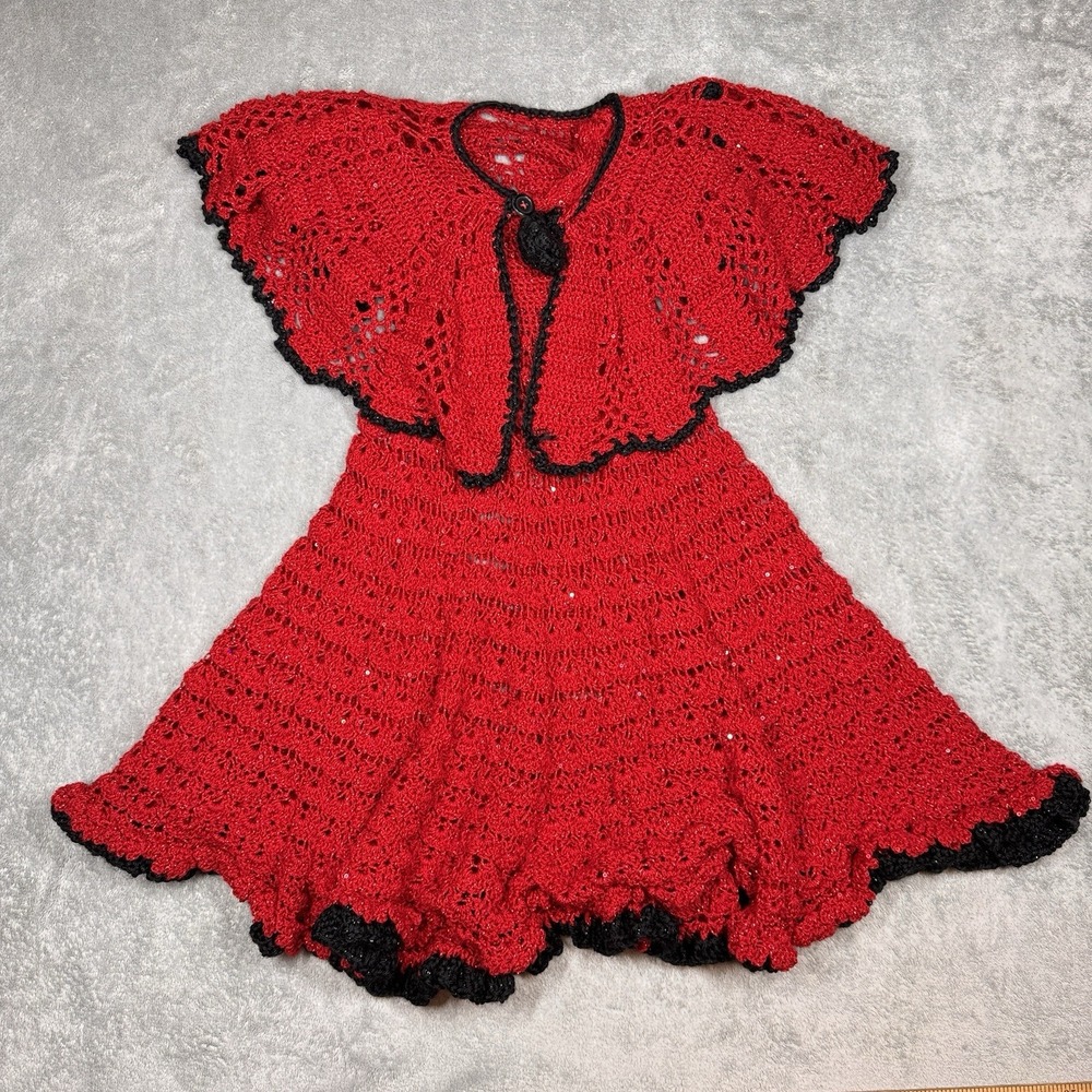 Handmade Crochet Dress Shawl Set Red Black Toddler 2T Flare Boho